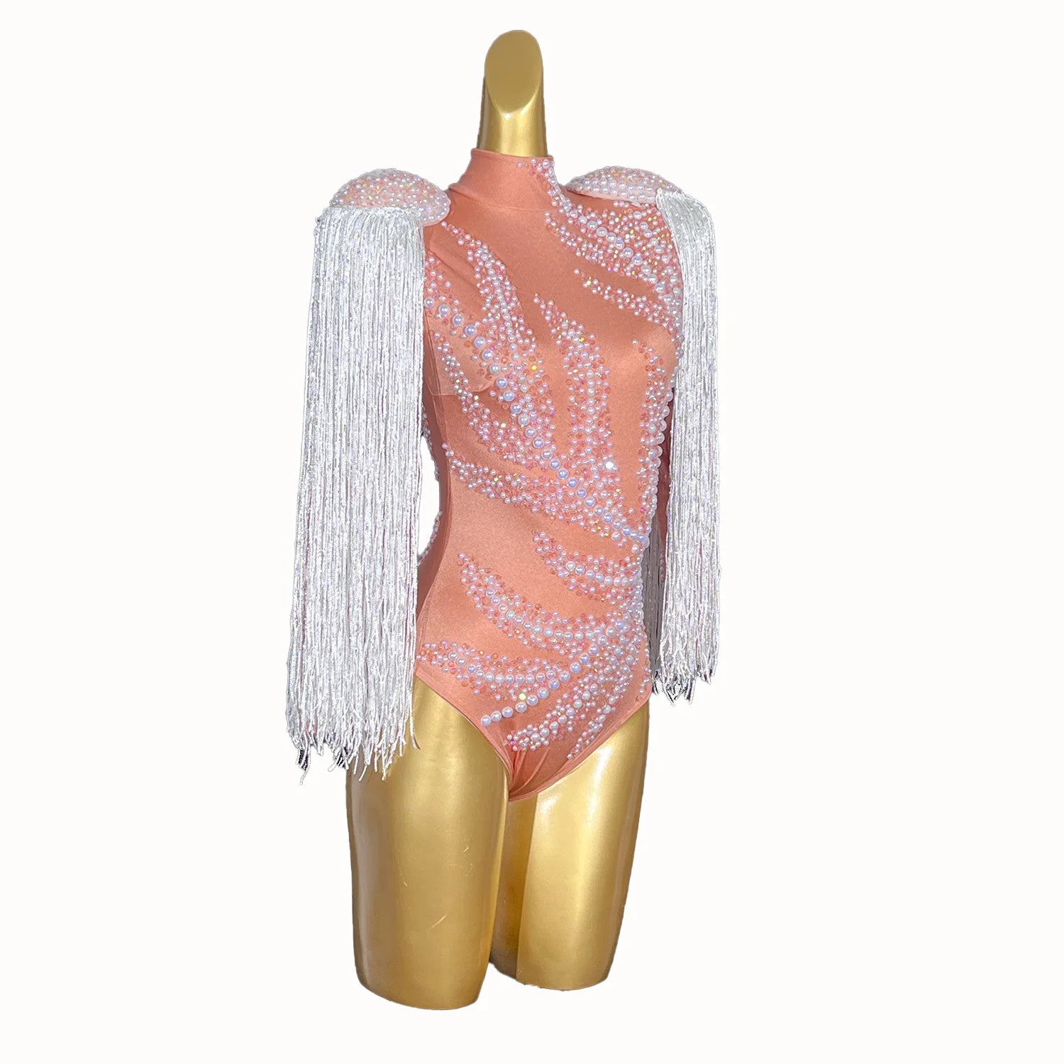 White Pearl Bodysuit Ladies Dance Show Tassel Romper Party Crystal Bodycon Clothing Plus Size Jumpsuits for Women