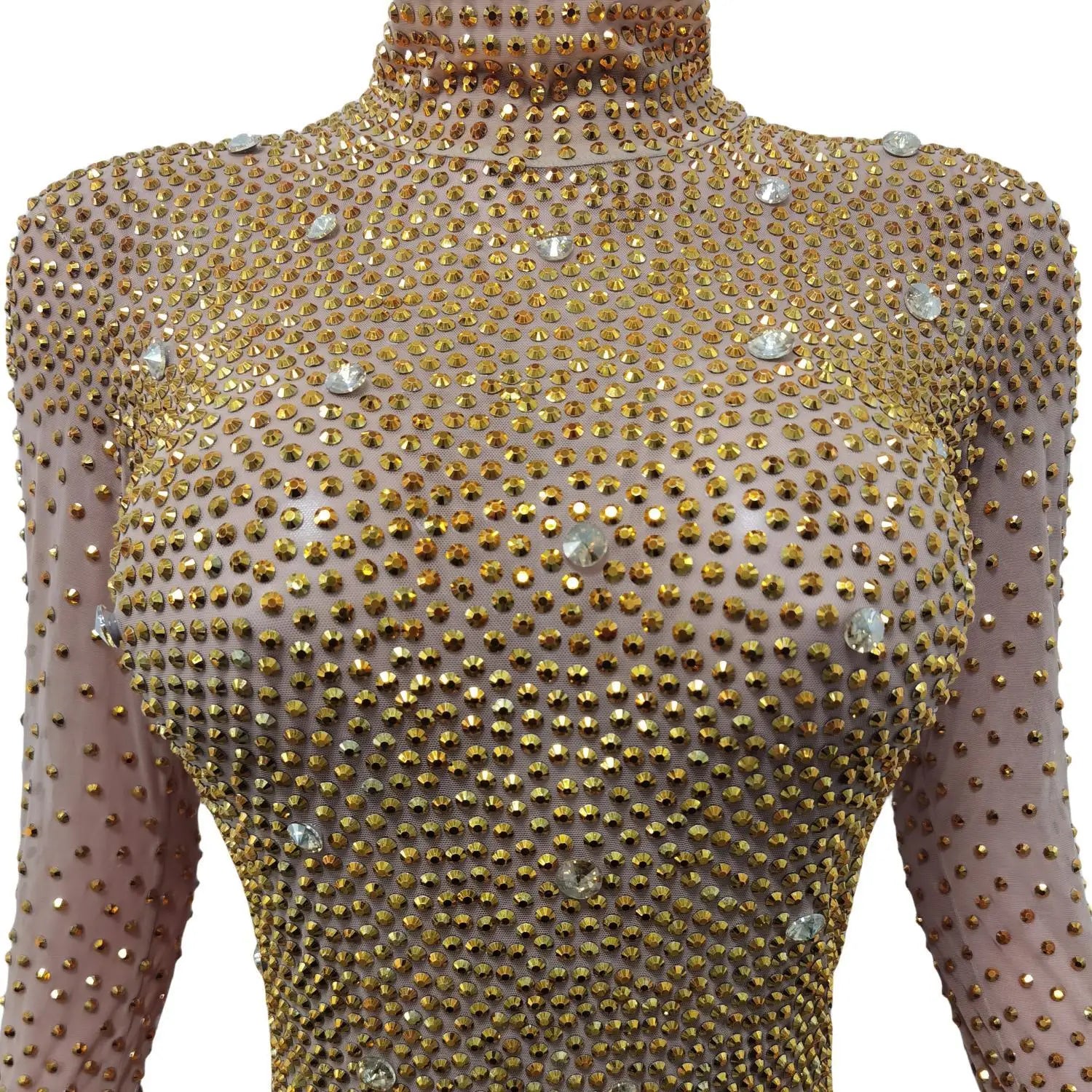 Sexy Shining Gold Rhinestones Jumpsuit Mesh Transparent Birthday Celebrate Bodysuit Nightclub Singer Dance Leggings