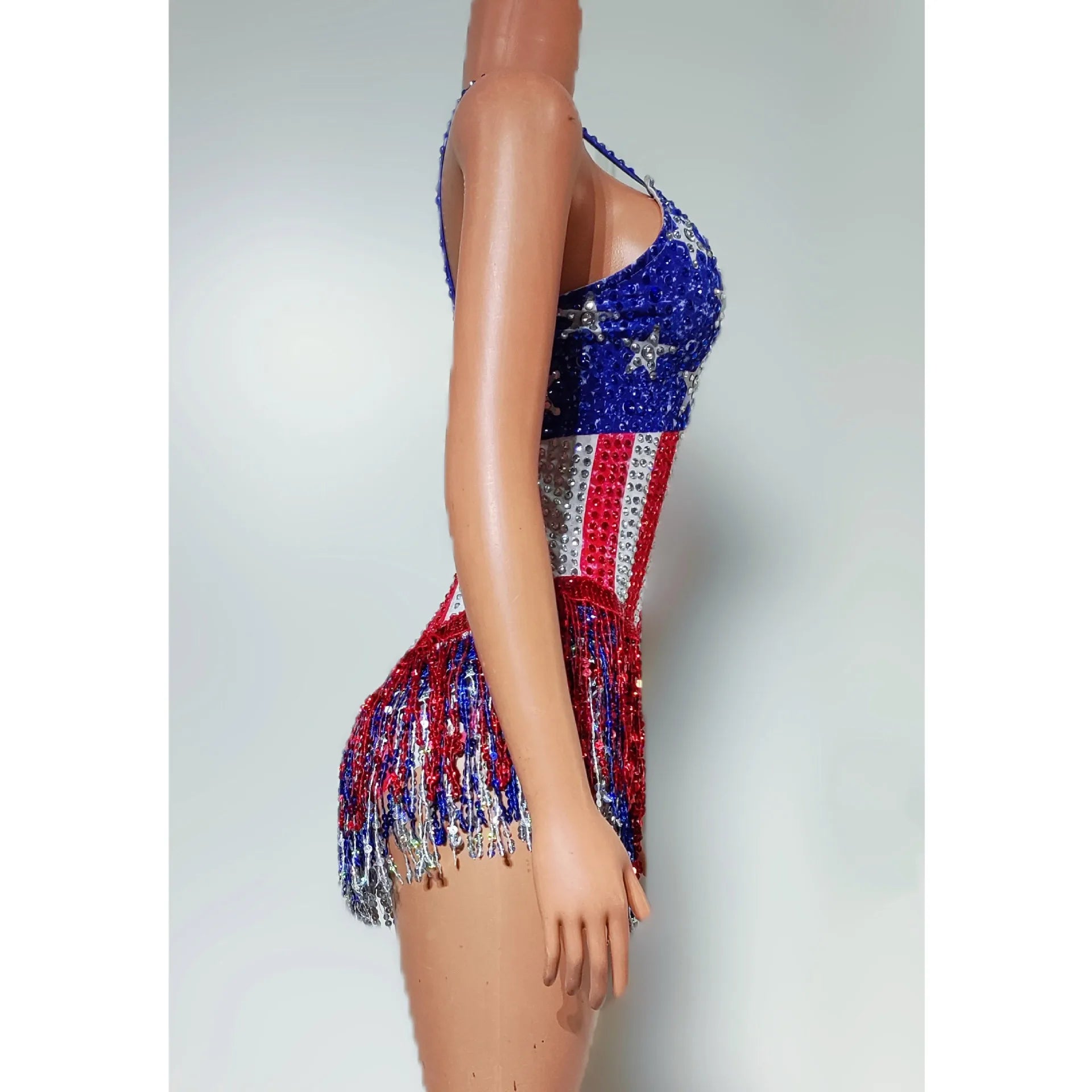 Women Luxury Beading Tassel Bodysuits Spaghetti V Neck Special Occassion Topic Evening Party Nightclub Stage Costumes
