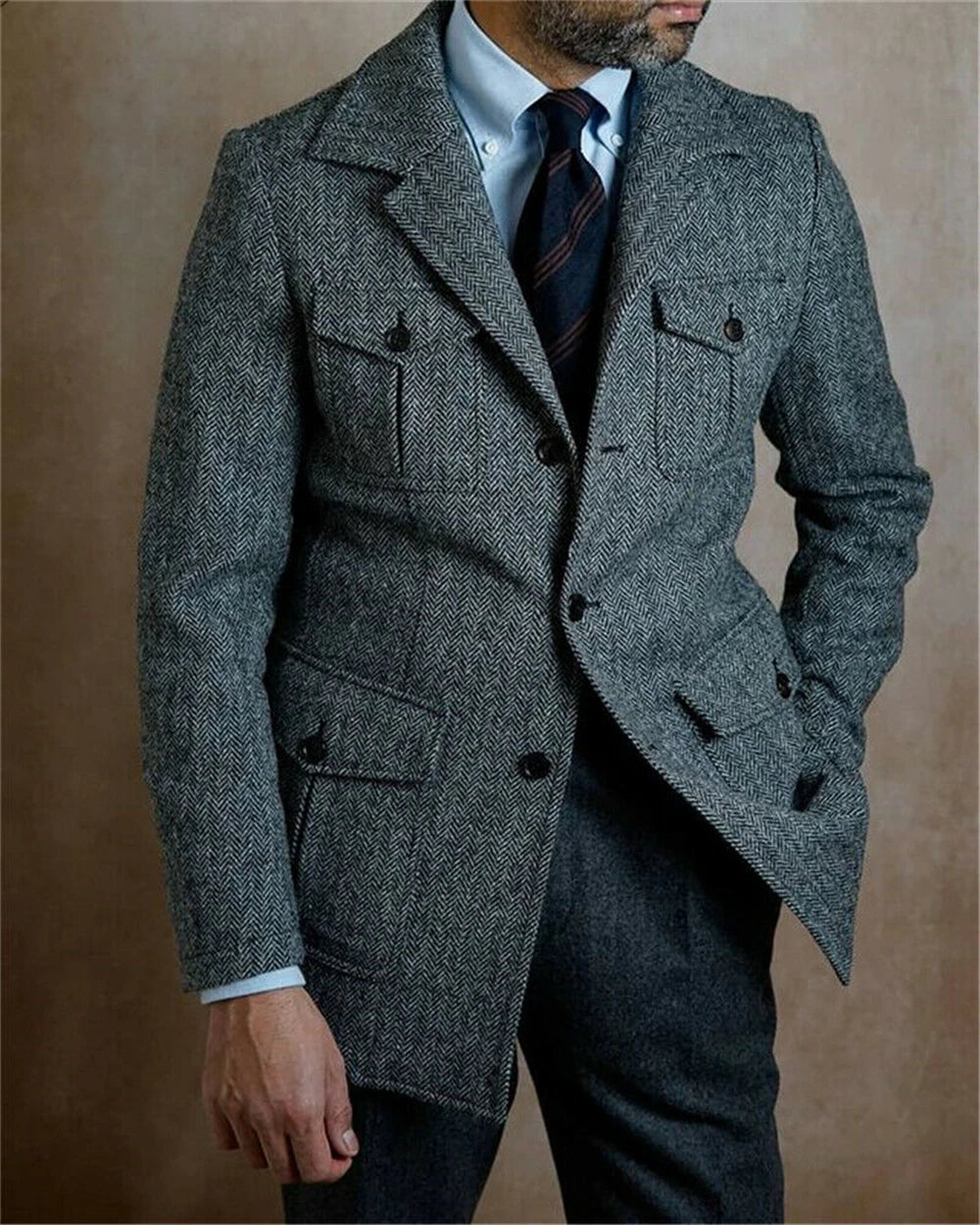 Vintage Business Men Suits Slim Fit Gray Tweed Herringbone Tuxedo Groom Suits For Men Wedding Notch Lapel Jacket Male Blazer