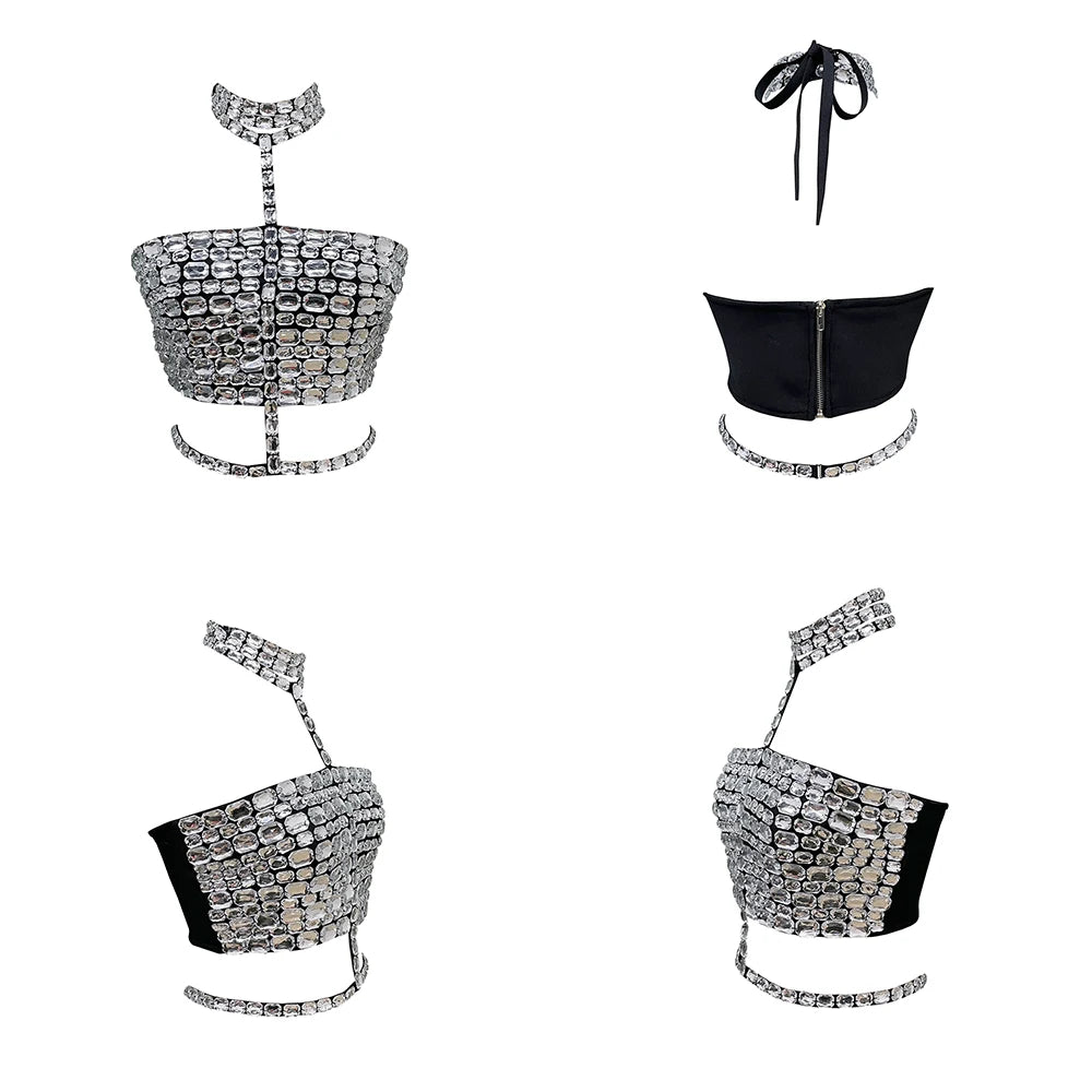 Celebrities' Same Style Silver Large Acrylic Halter Neck Tube Top Waist Tight Top Sexy Hottie Crystal Top