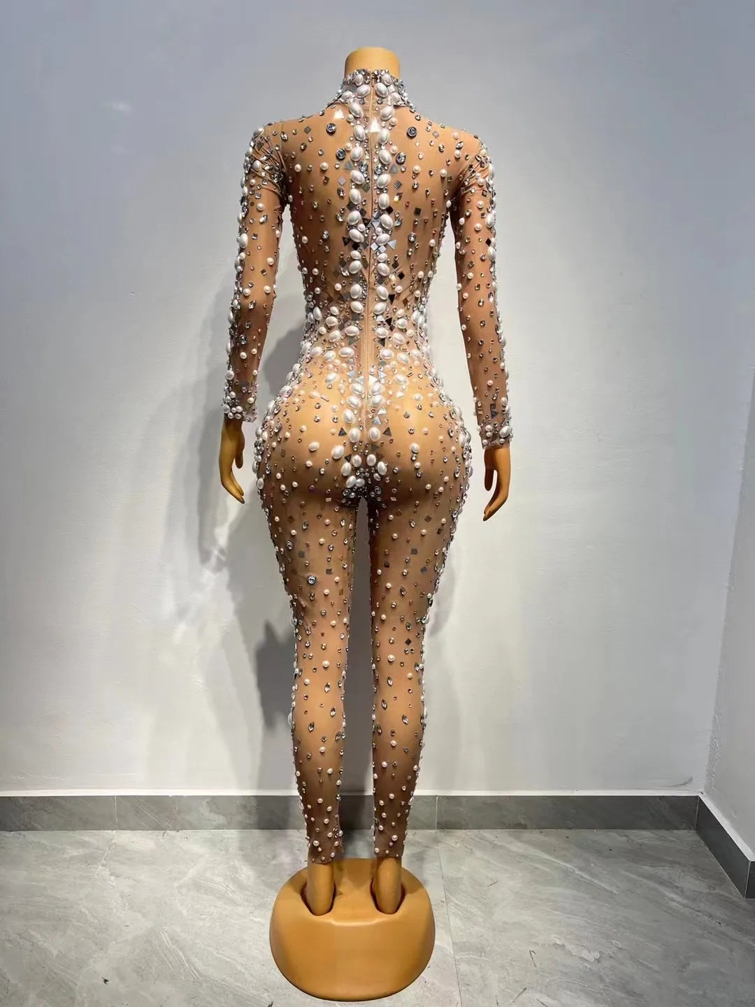 Sexy Stage Big Pearls Crystals Rhinstones Transparent Jumpsuit Evening Birthday Celebrate Outfit Dancer Photoshoot Rompers