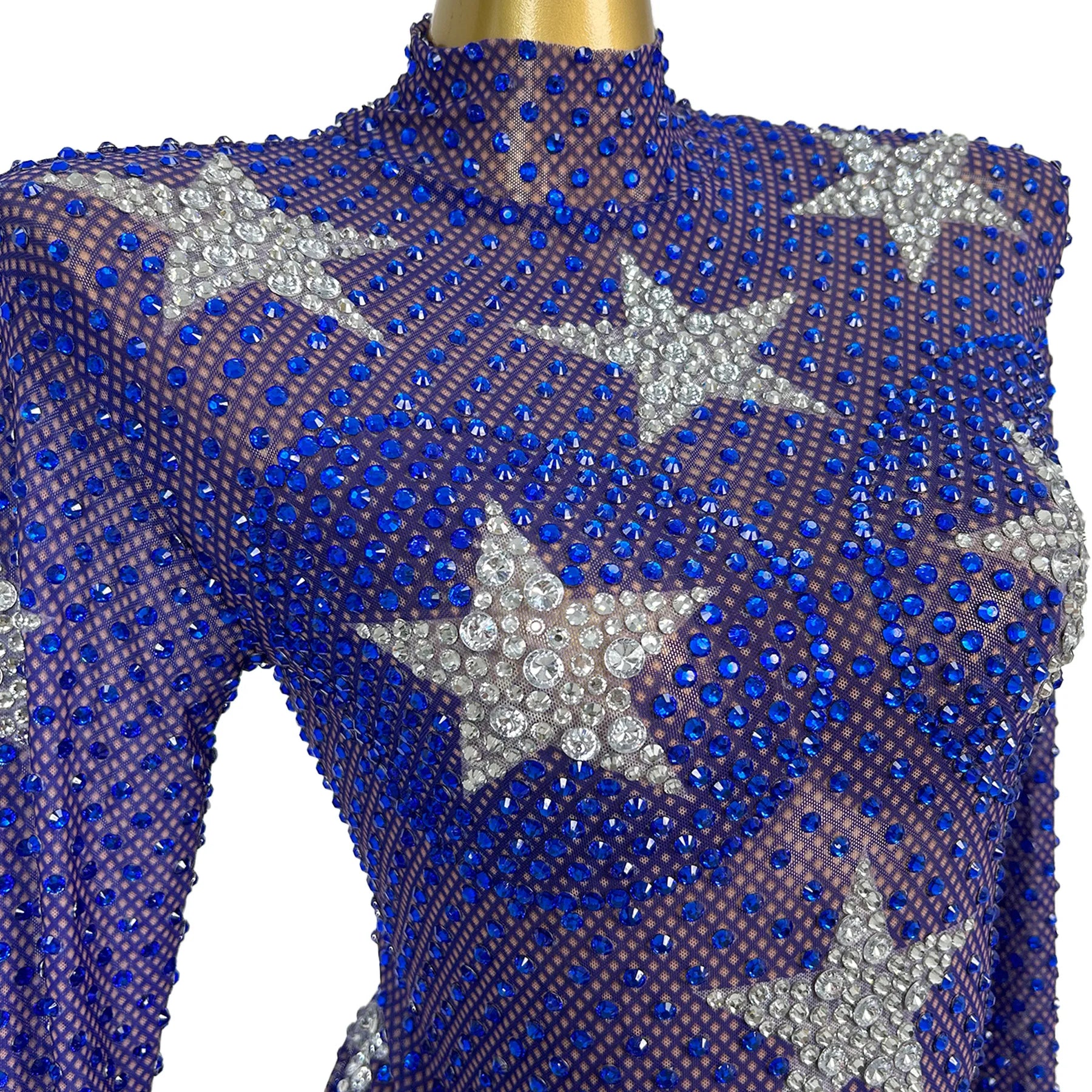 Blue Mesh Star Tight Fitting High Cut Thong Leotard Sexy Women Dance Show See Through Mesh Sparkly Rhinestone Bodysuit