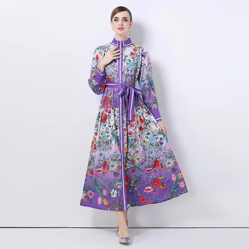Runway Design Fashion Floral Print Elegant Summer Pleated Midi Long Dress Shirt Street Casual Lady Office Work Dresses