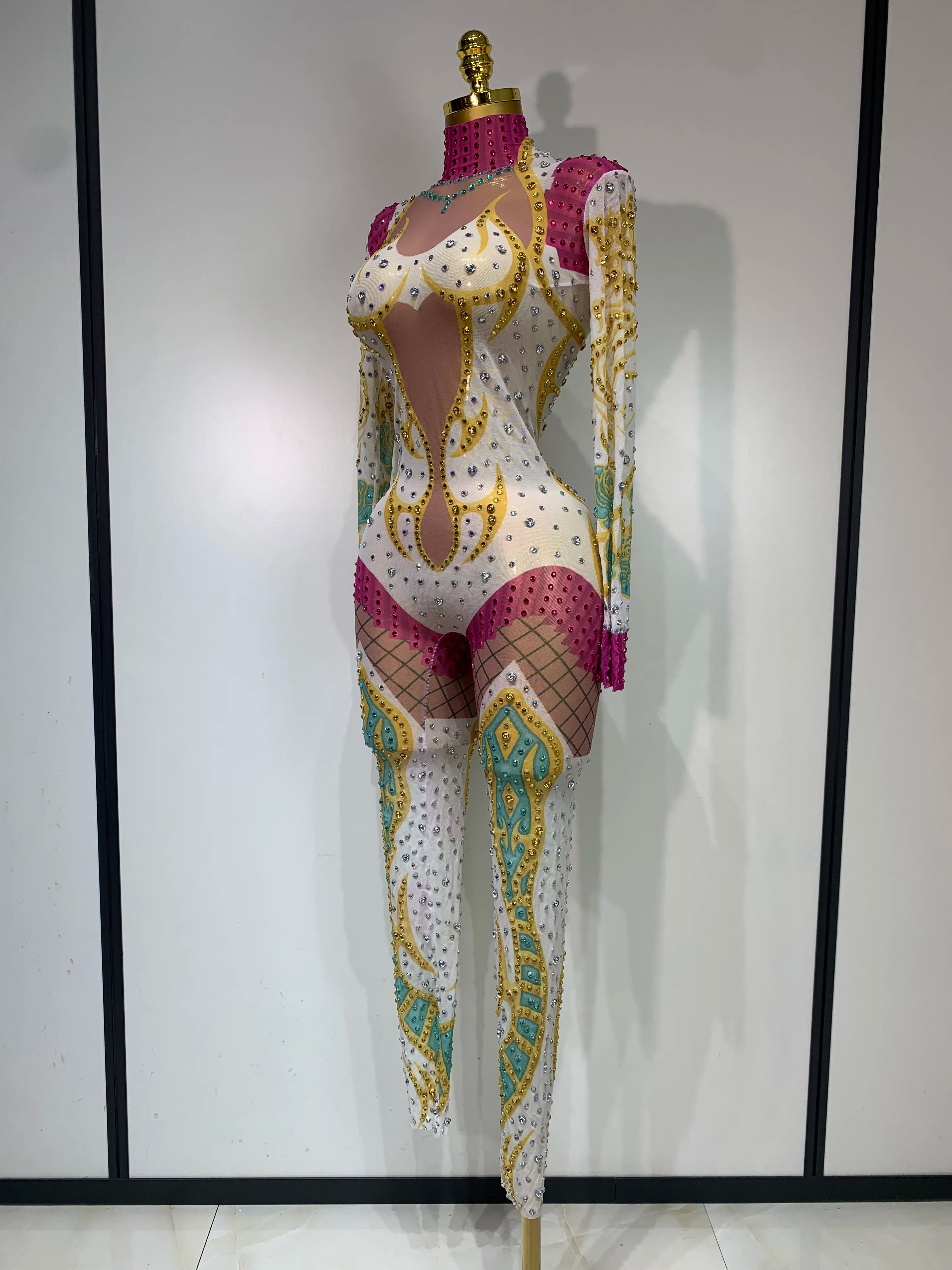 Sparkly Rhinestones Jumpsuit Fashion High Street Sexy Printed Stretch Dance Costume Singer Nightclub Stage Perform Outfit