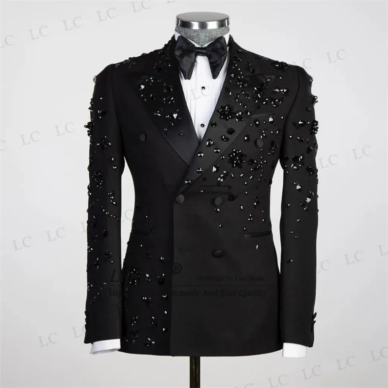 Luxury Men Suits Stylish 2 Pieces Blazer Pants One Button Peaked Lapel Beads DiamondFormal Slim Wedding Groom Plus Size Tailored