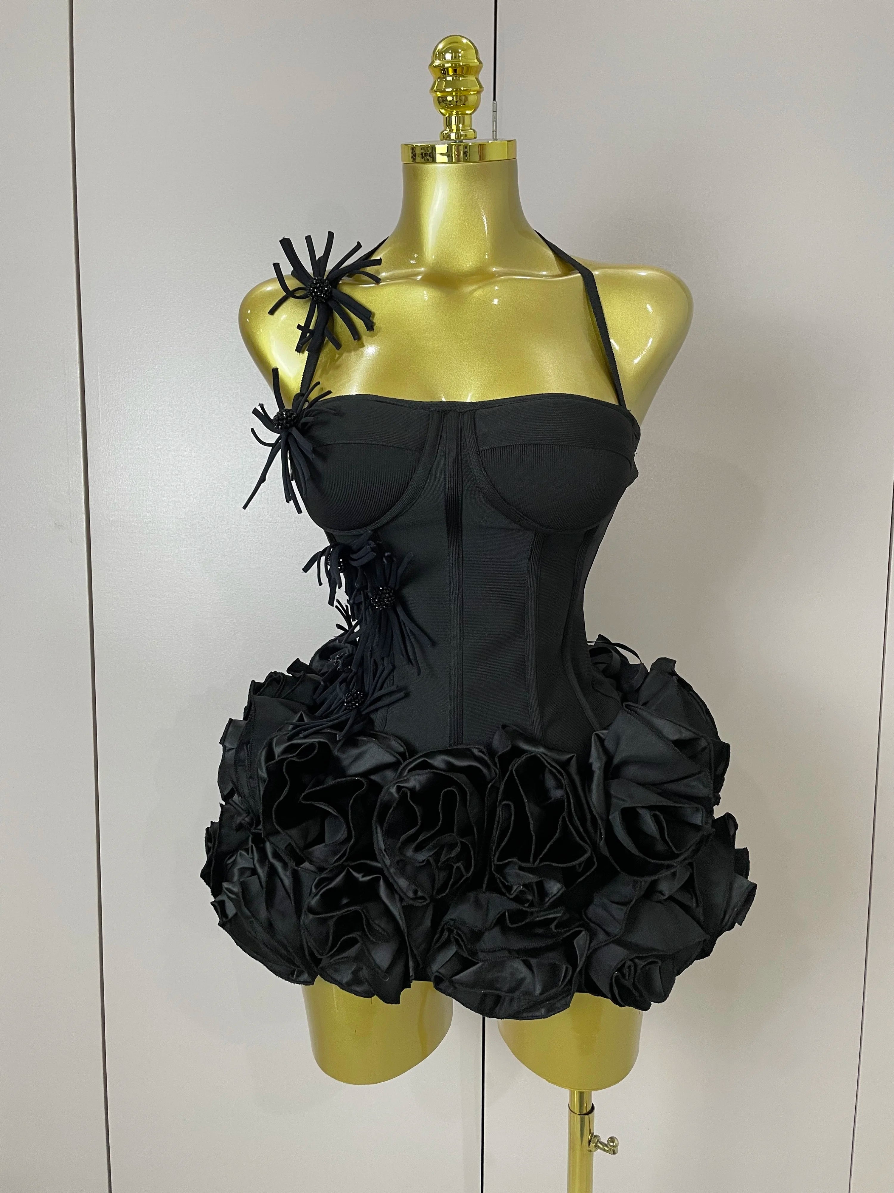 Black Sculpted Rose Corset Two-Piece Mini Dress