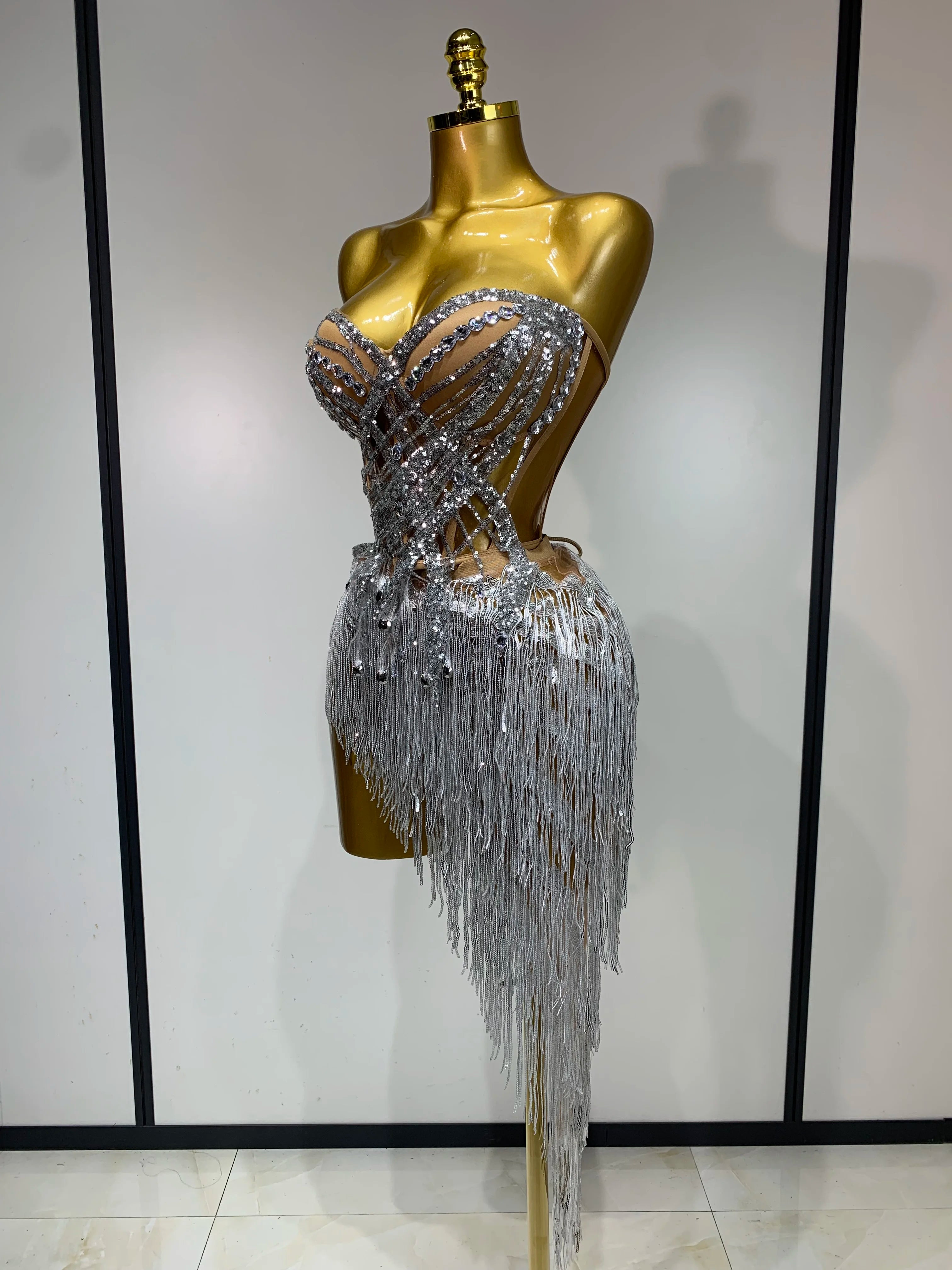 Women Sexy Singer Dancer Performan Costume Nightclub Bar Girl Sparkly Diamond Tassel Two Piece Set Evening Party Outfit