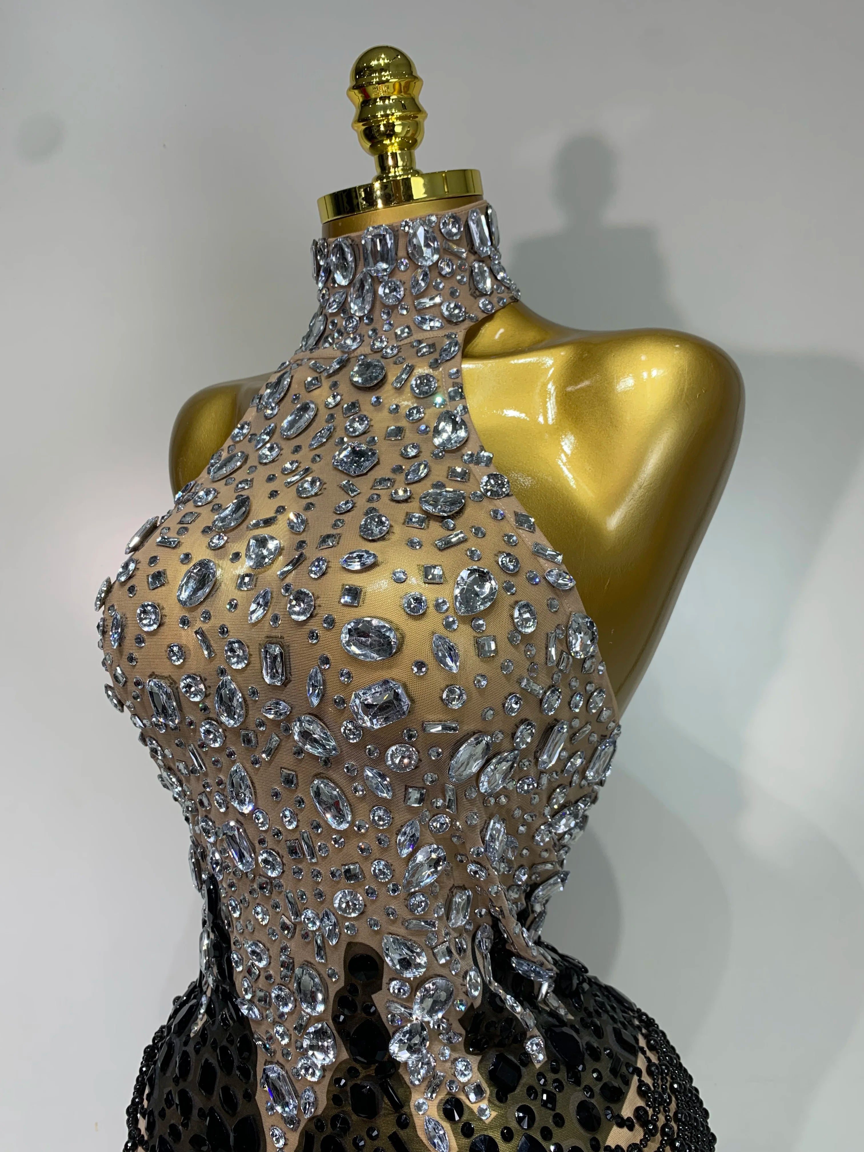 Sparkly Crystals Beading Short Dress Women Sexy Backless Mesh See Through Evening Prom Celebrate Birthday Dress Photo Shoot Wear