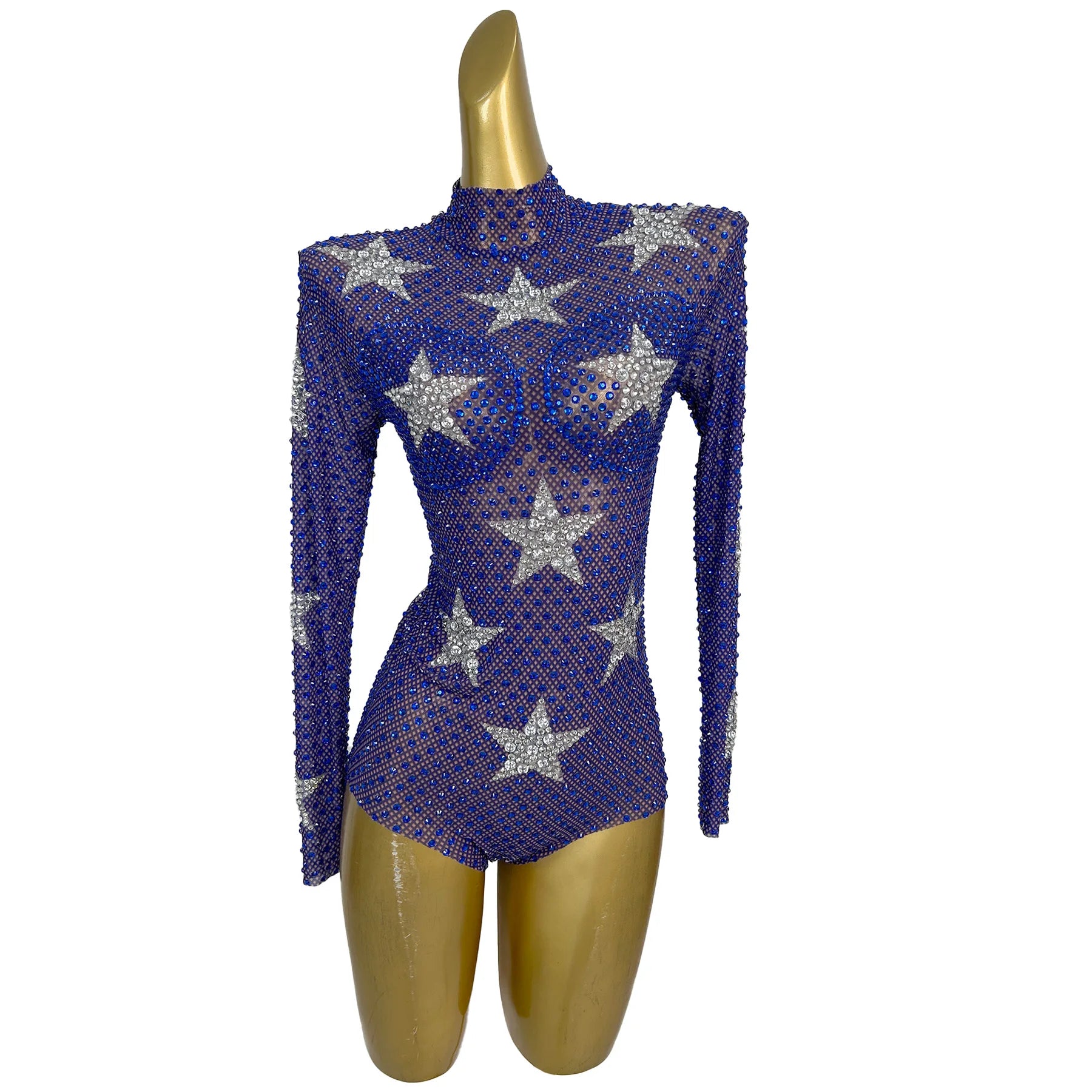 Blue Mesh Star Tight Fitting High Cut Thong Leotard Sexy Women Dance Show See Through Mesh Sparkly Rhinestone Bodysuit