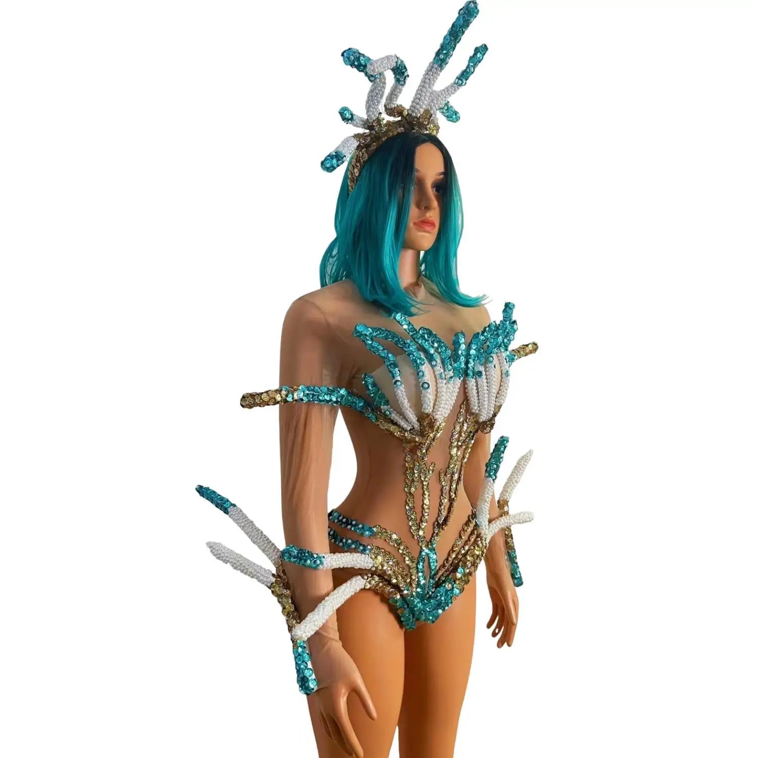Women Halloween Costumes Crystals Bodysuits Headwear Set gig Party Performance Wear Carnival Rave Festival Drag Costume