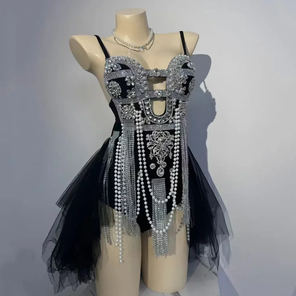Luxury Silver Rhinestones Tassel Bodysuit Sexy Nightclub Bar Stage Wear Women Singer Stage Performance Costume Show Rave Outfit