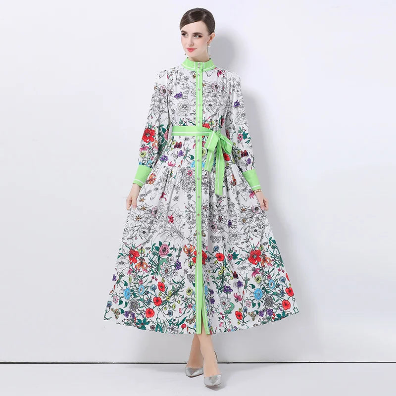 Runway Design Fashion Floral Print Elegant Summer Pleated Midi Long Dress Shirt Street Casual Lady Office Work Dresses