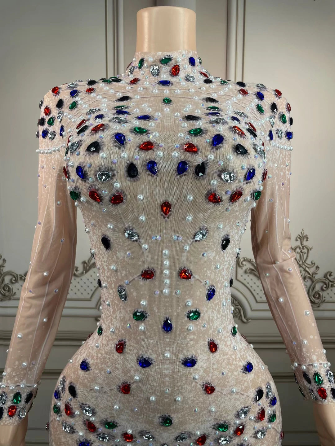 Lady Elegant Long Sleeve Rhinestone Jumpsuit Bling Diamond Beaded Evening Sexy City Dresses Woman Outfit Playsuit