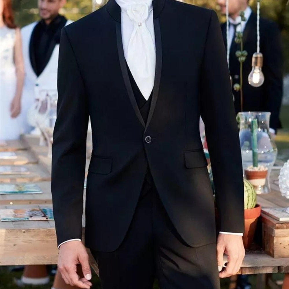 Costume Homme Black Stand Collar Men Suits Wedding Tuxedos Terno Slim Fit Groom Blazer 3 Pieces Jacket+Pant+Vest