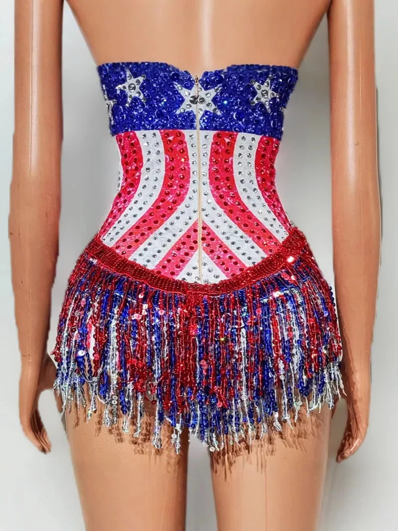 Women Luxury Beading Tassel Bodysuits Spaghetti V Neck Special Occassion Topic Evening Party Nightclub Stage Costumes