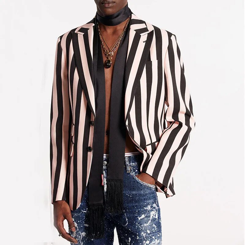 Black White Striped Stitching Color Men's Suit Jackets Lapel Fashion Male Blazers Autumn Casual Coats Chic New