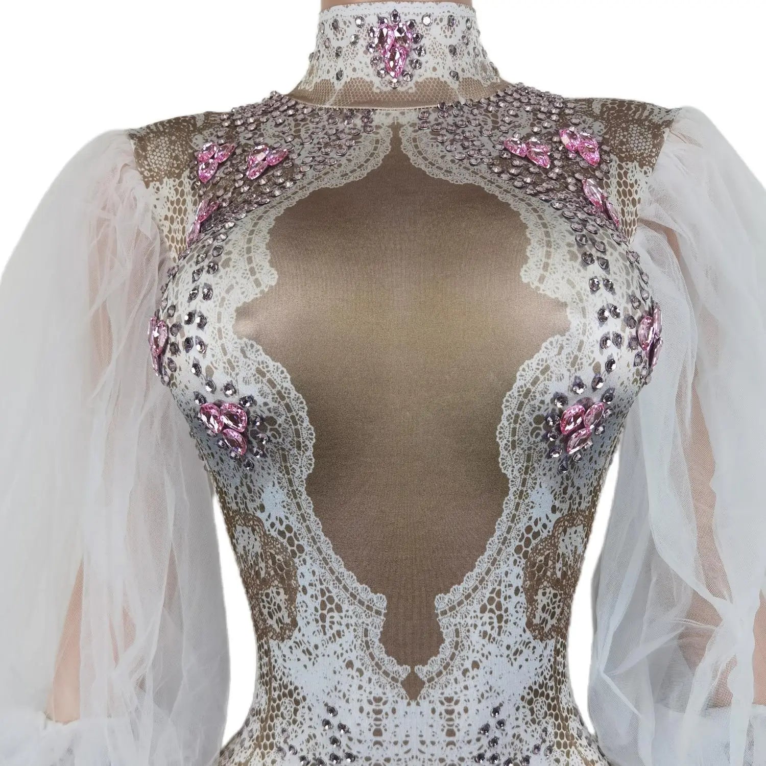 Fashion White Lace Puff Sleeve Rompers Dancer Sexy Bodysuit Tight Fitting Rhinestone Jumpsuit Woman Birthday Party Festival Wear
