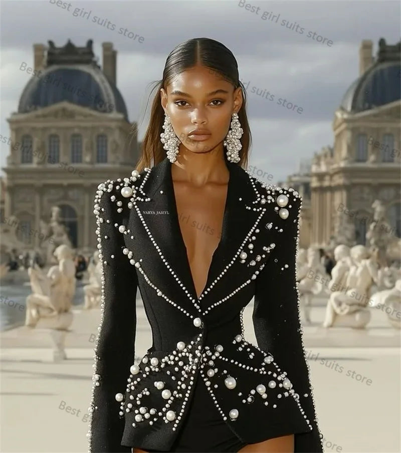 Black Women Suit 1 Piece Blazer Luxury Pearls Formal Office Lady Jacket Customized Wedding Tuxedos Coat Outfit