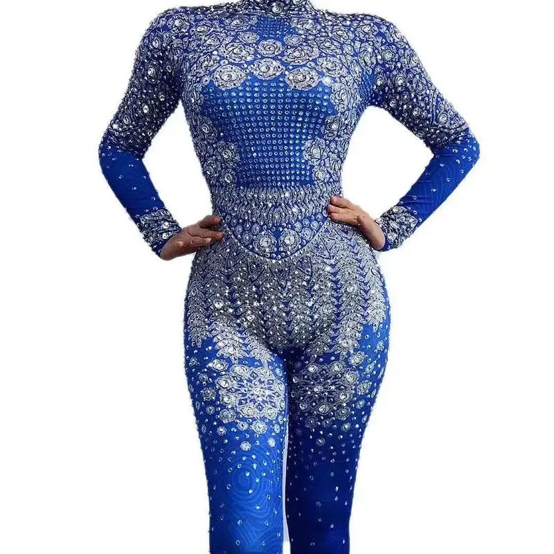 Blue Party Jumpsuit Stretch Sexy Bodysuit  Birthday Stage Play Celebrate Modern Dance Wear
