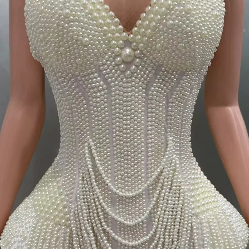 Luxury Pearl Necklace Sexy Strapless Bodysuit Performance Costume Bar Night Club Singer Dancer Stage Performance Costume