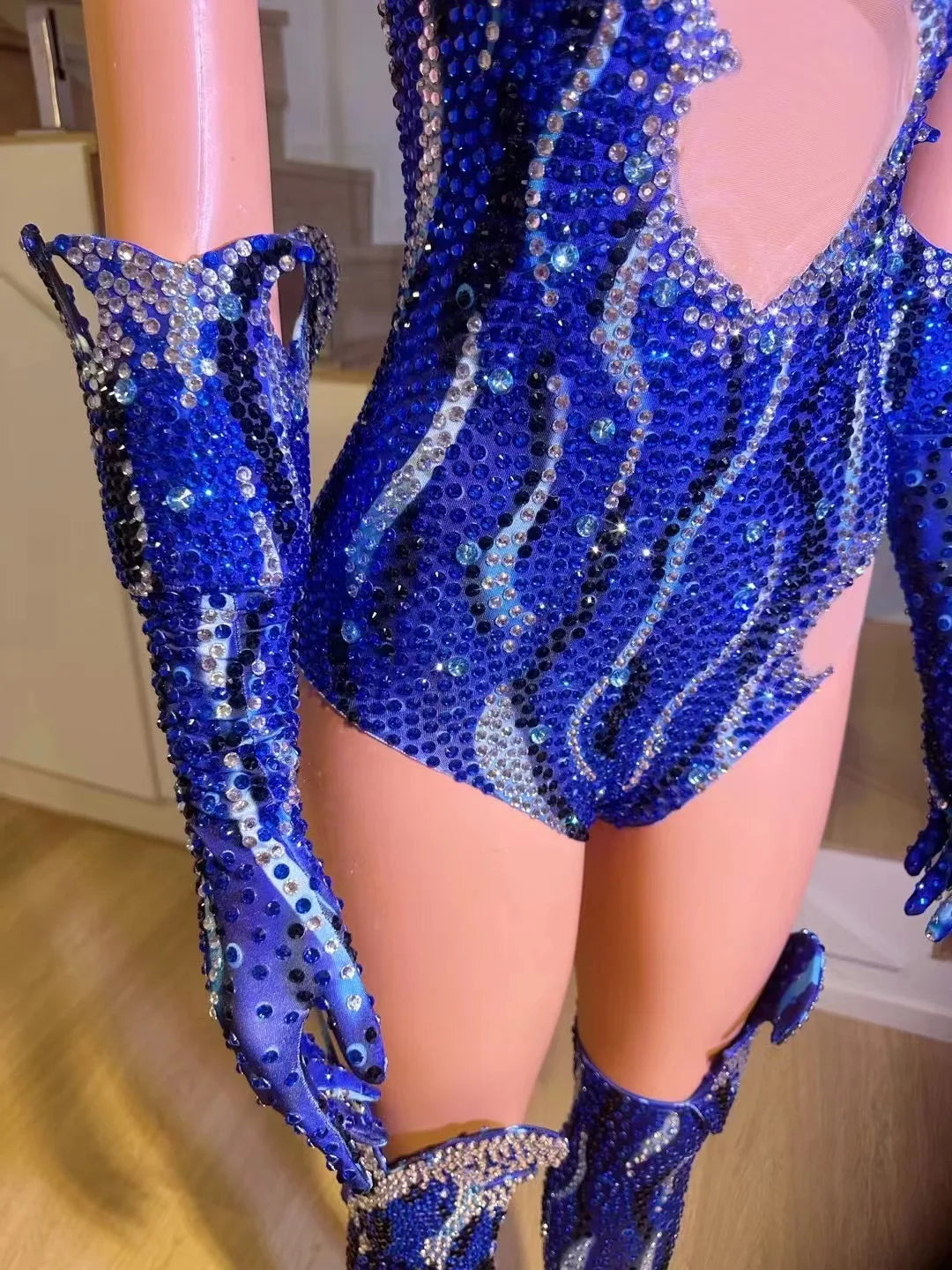Red Blue Rhinestones Bodsyuit Gloves Hat Women Sexy Perspective Pole Dance Outfit Stage Gogo Wear Drag Queen Costumes