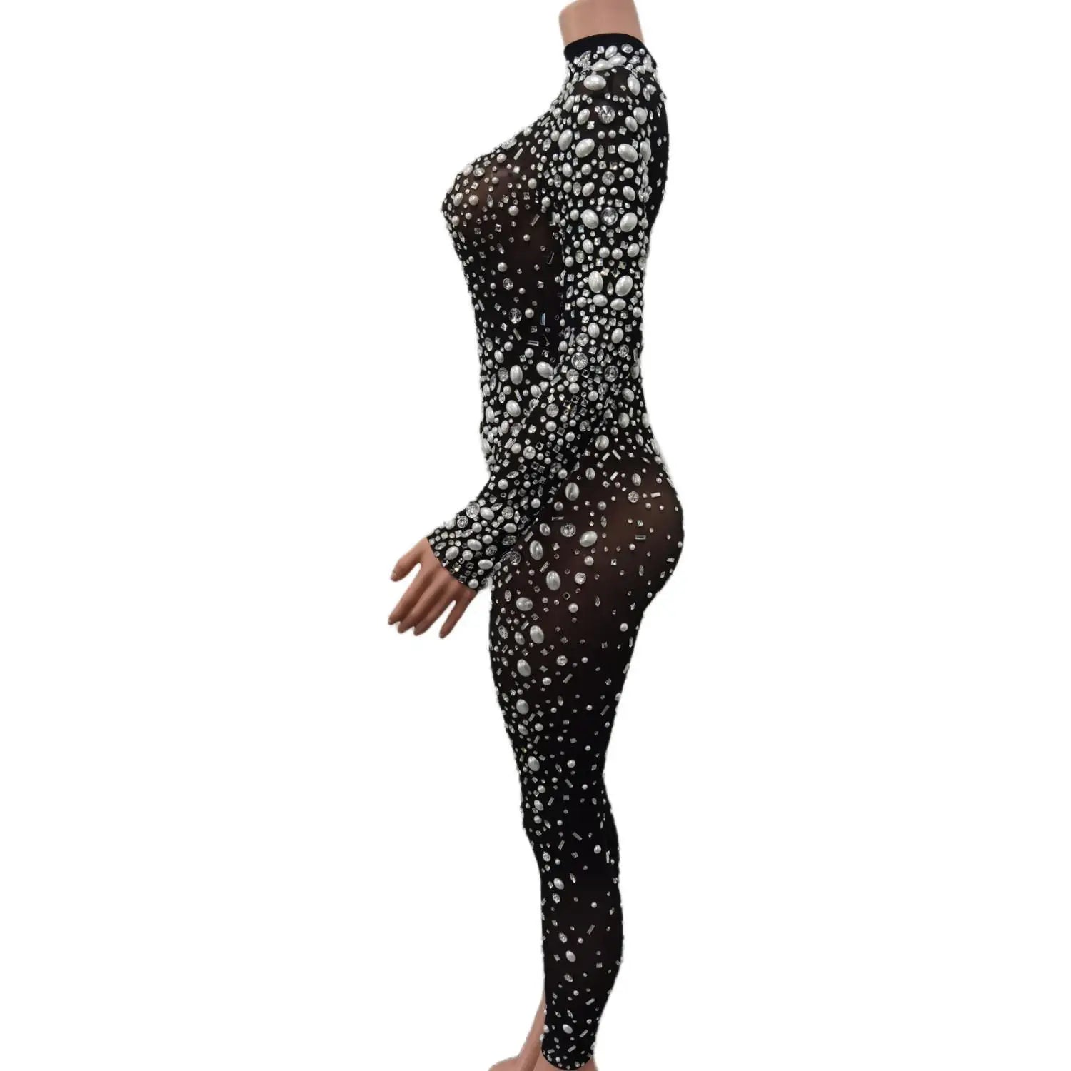 Women Stage Big Pearls Rhinestones Stretchy Transparent Jumpsuit Evening Birthday Celebrate Outfit Sexy Dancer Bodysuit