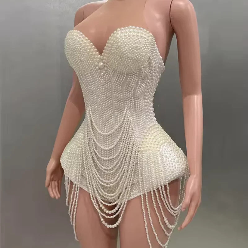 Luxury Pearl Necklace Sexy Strapless Bodysuit Performance Costume Bar Night Club Singer Dancer Stage Performance Costume