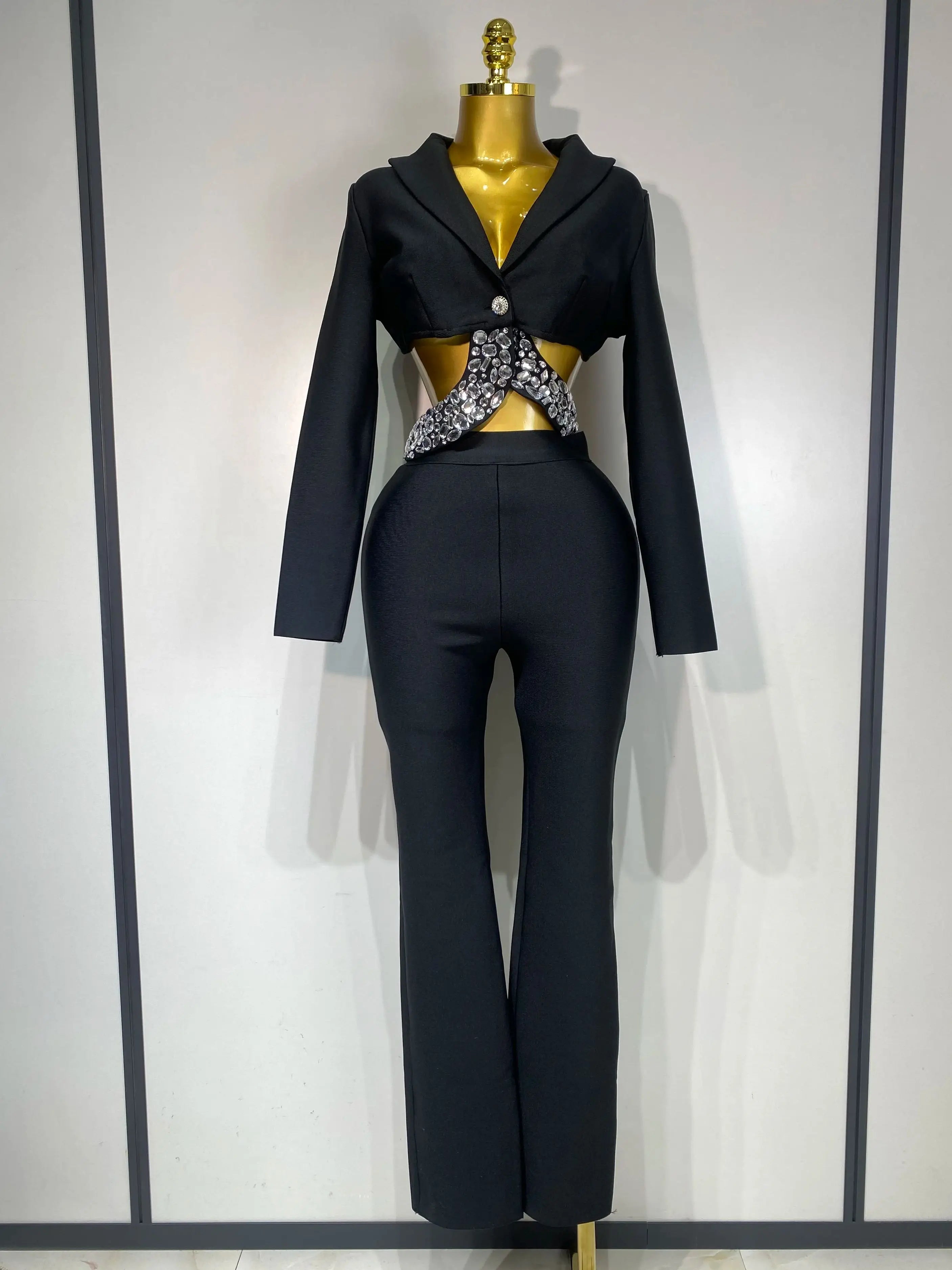 Women Sexy Long Sleeve Beading Bodycon Two Pieces Pants Bandage Set Celebrity Designer Fashion Women's Luxury Birthday Set