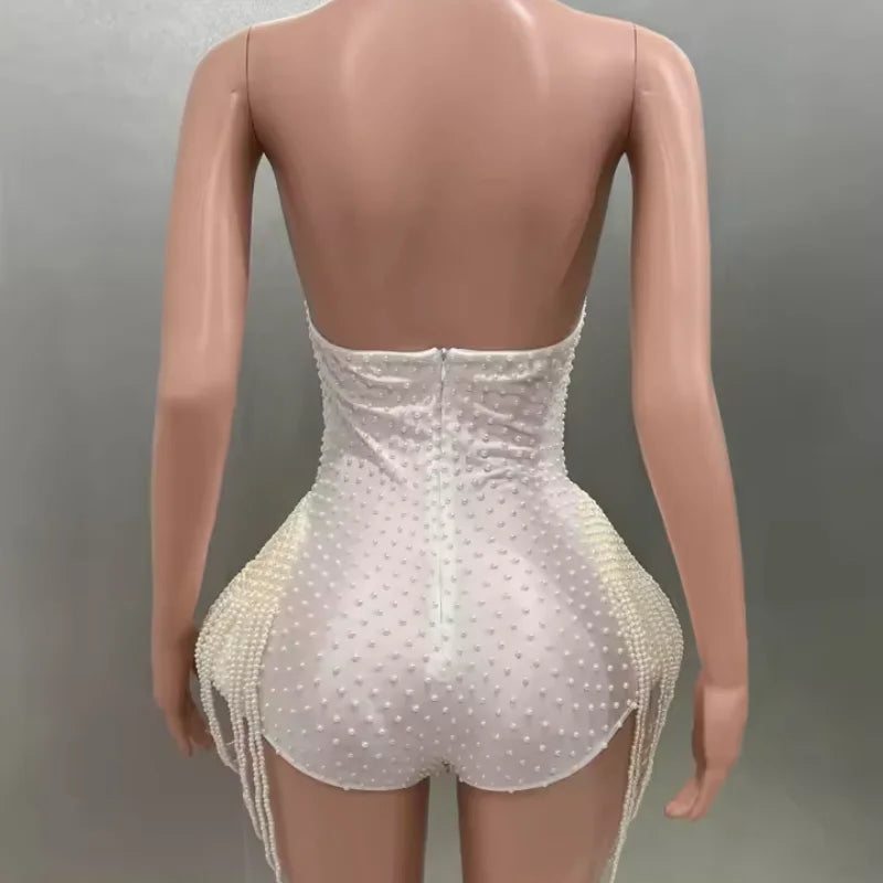 Luxury Pearl Necklace Sexy Strapless Bodysuit Performance Costume Bar Night Club Singer Dancer Stage Performance Costume