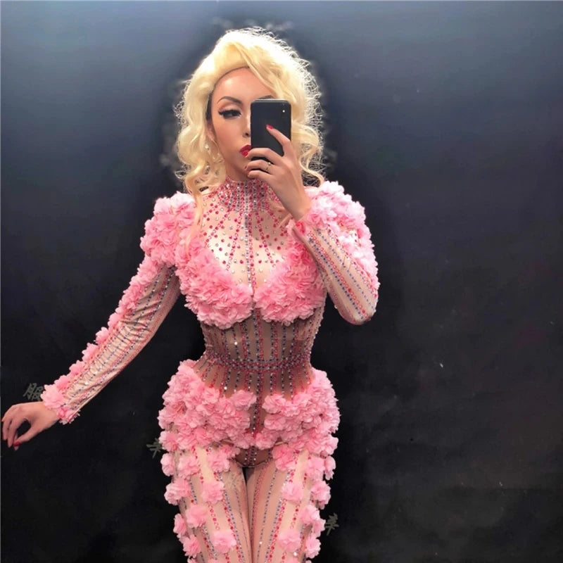 Sexy Dj Pink Flower Bodysuit Costume Evening Crystals Jumpsuit Celebrate Party Wear Singer Stage Performance Gogo Costumes