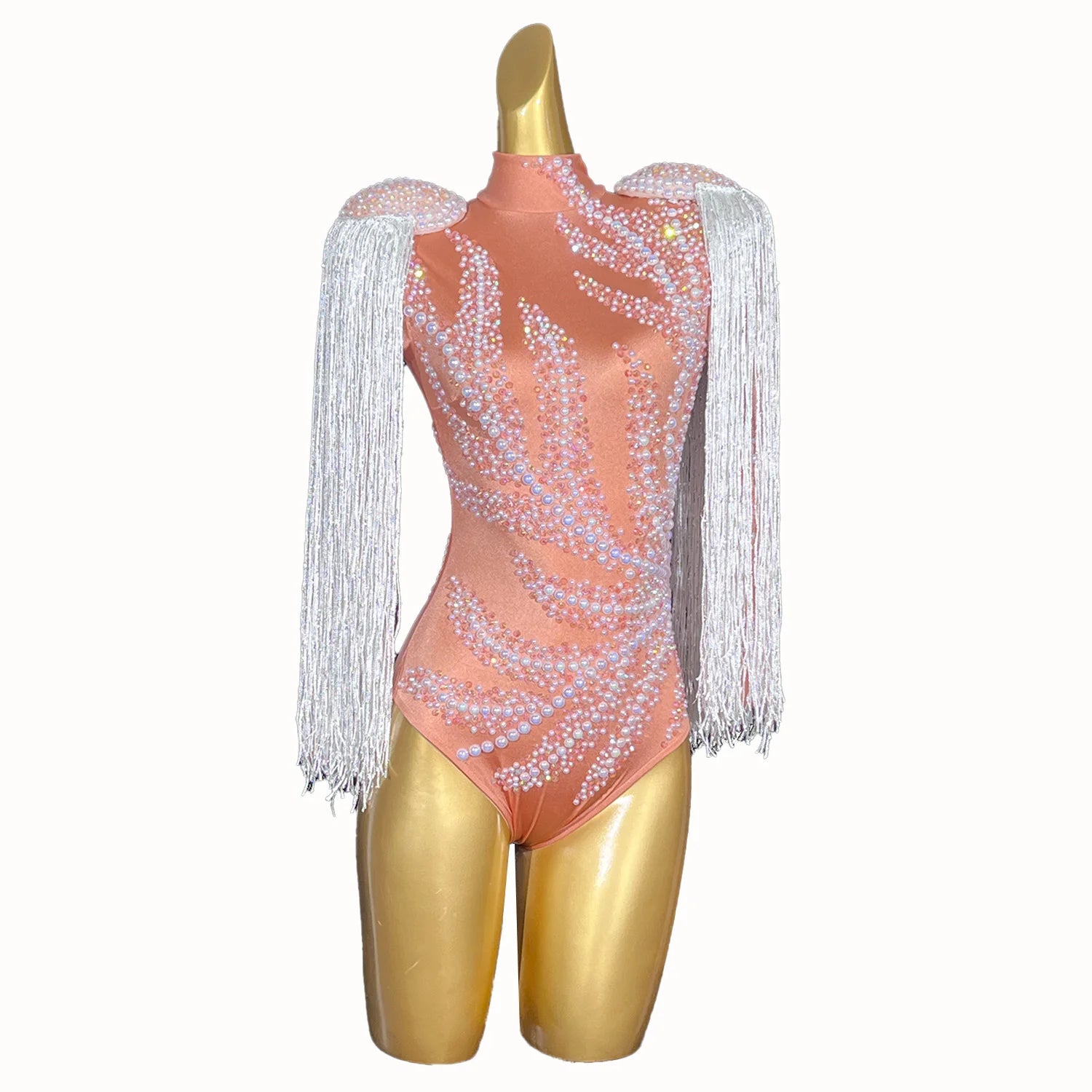 White Pearl Bodysuit Ladies Dance Show Tassel Romper Party Crystal Bodycon Clothing Plus Size Jumpsuits for Women