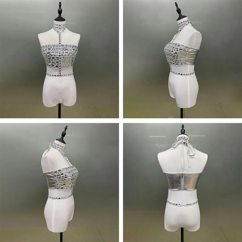 Celebrity Fashion Red Carpet Outfits Women's Shiny Hand Stitched Large Silver Acrylic Sexy Halter Zip Top TV