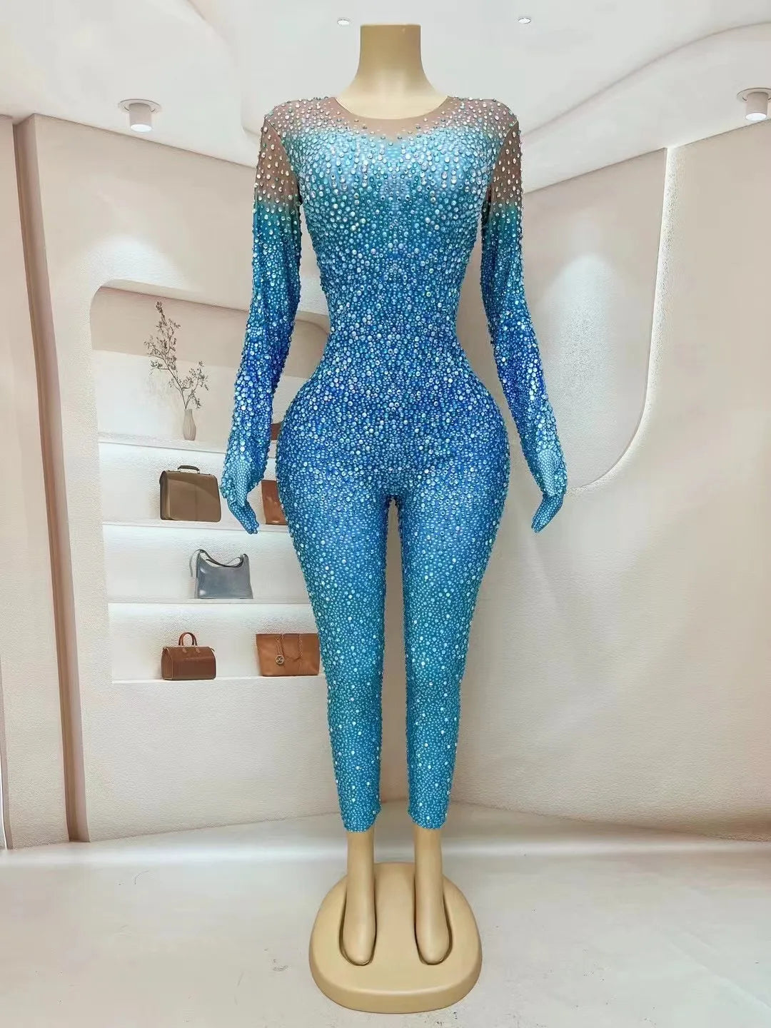 Sexy Stage Costume Full Rhinestones Long Sleeves Gloves Jumpsuit Evening Fashion Show Outfit Women Dance Photoshoot Bodysuit