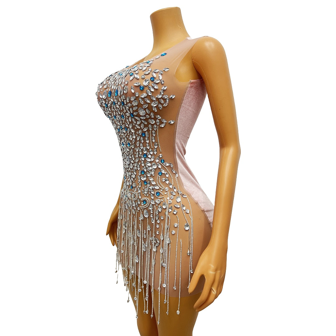 Sparkly Silver Rhinestones Transparent Stretch Jumpsuit Celebrate Sexy Black Mesh Gloves Bodysuit Birthday Prom Outfit