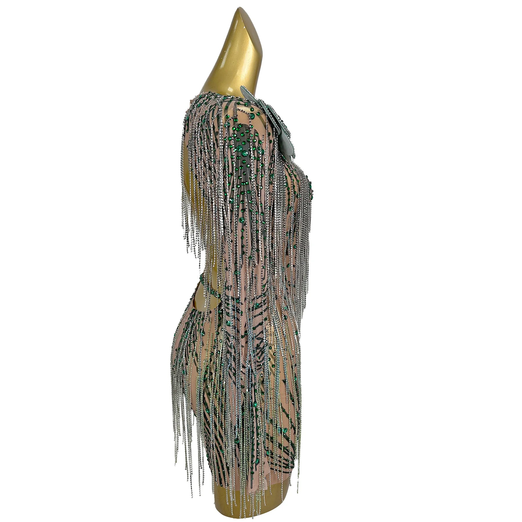 Sexy Luxury See Through Mesh Full Tassel Mini Dress Backless Sparkly Rhinestone Evening Dress Nightclub Party Show Outfit