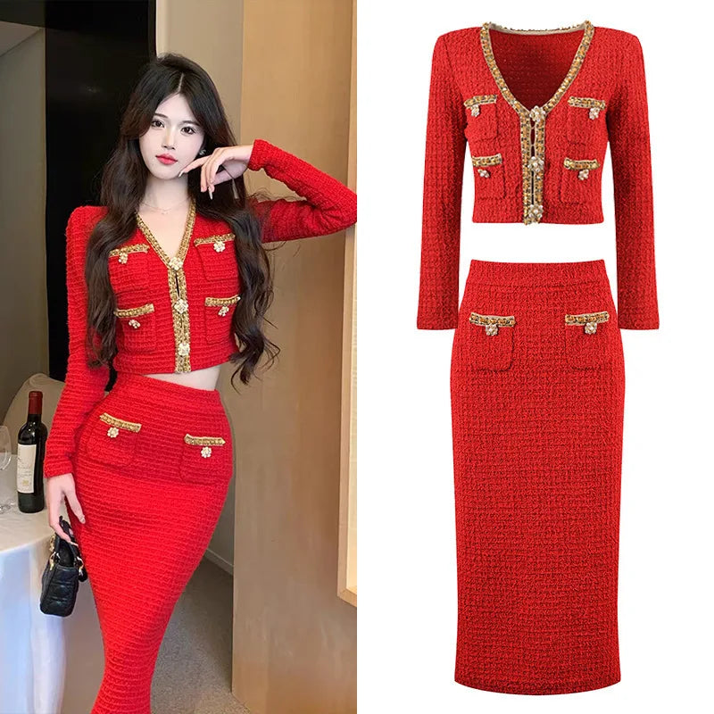 Luxury Crystal Long Evening Dresses Women 2 Piece Women Skirt Suits Beading Knitting Cardigans Sweater Long Pencil Skirts Sets