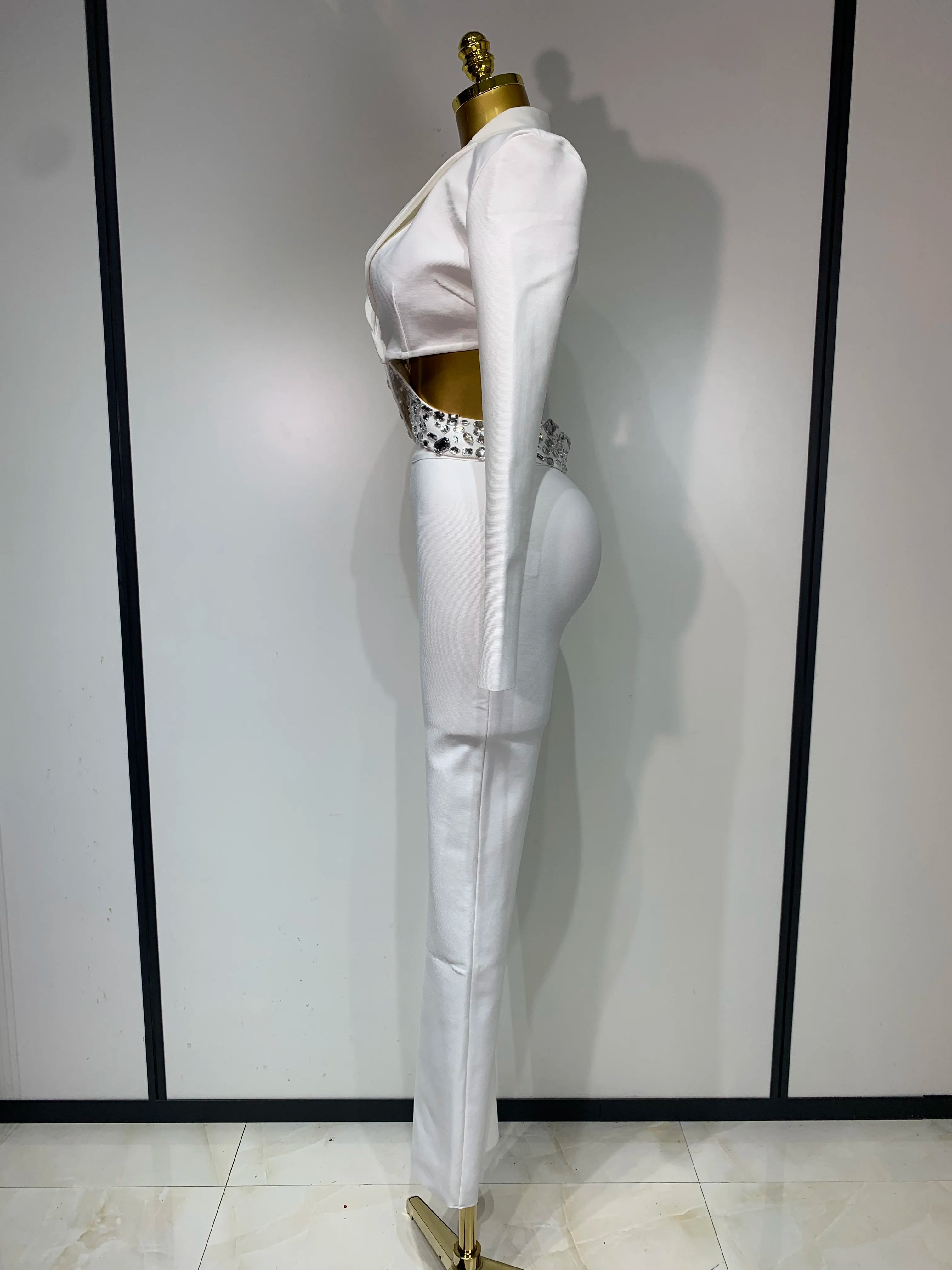 Women Sexy Long Sleeve Beading Bodycon Two Pieces Pants Bandage Set Celebrity Designer Fashion Women's Luxury Birthday Set