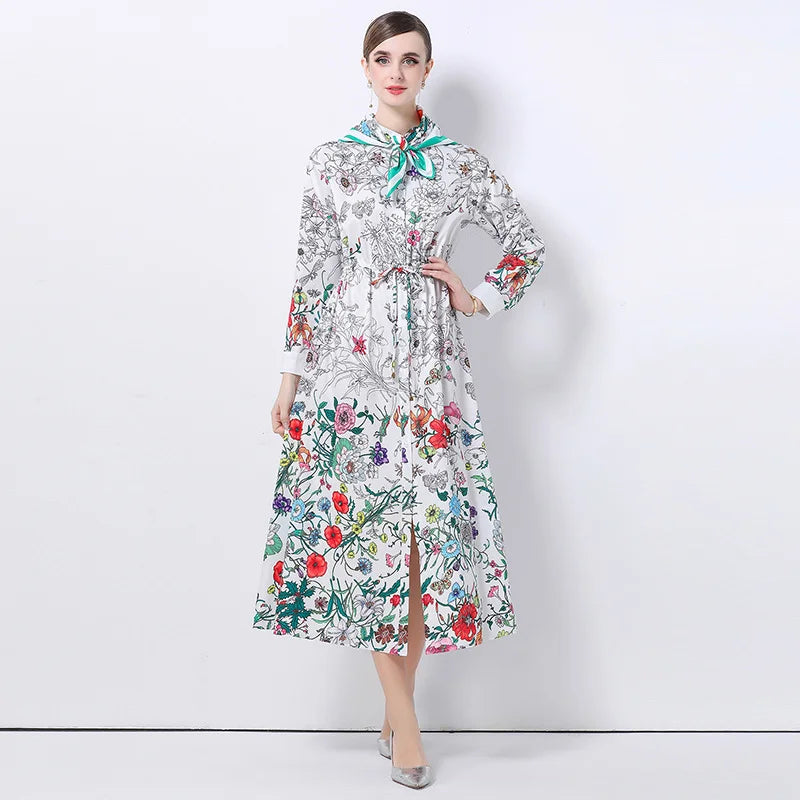 Runway Design Fashion Floral Print Elegant Summer Pleated Midi Long Dress Shirt Street Casual Lady Office Work Dresses