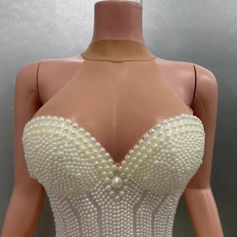 Luxury Pearl Necklace Sexy Strapless Bodysuit Performance Costume Bar Night Club Singer Dancer Stage Performance Costume
