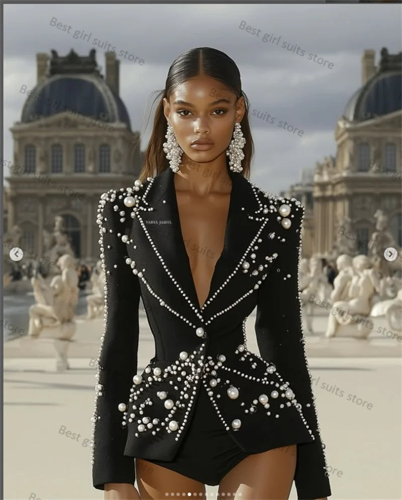 Black Women Suit 1 Piece Blazer Luxury Pearls Formal Office Lady Jacket Customized Wedding Tuxedos Coat Outfit