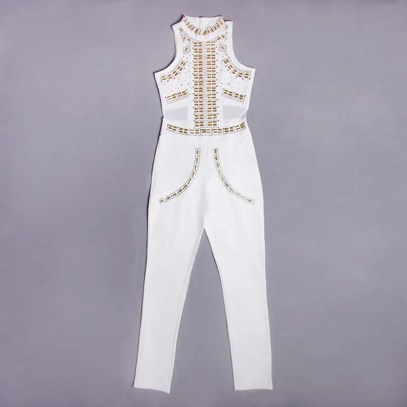 Black Luxury Diamond Pants Jumpsuit Women Fashion Sleeveless Hollow Out Party Bodysuit Elegant Pencil Pant One Pieces