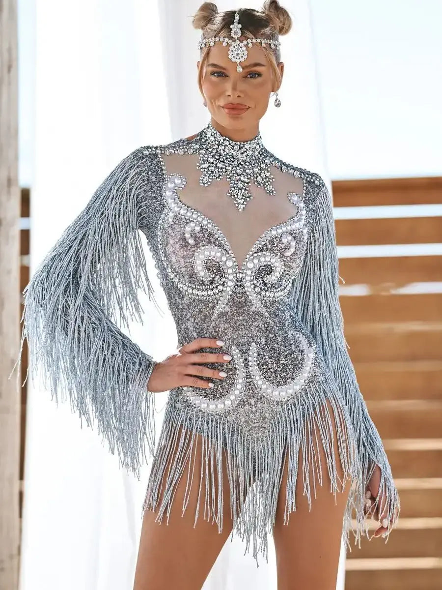 Sexy Long Sleeves Tassel Pearls One Piece Short Jumpsuit Stripper Outfits Dancewear Women Stage Performance Rhinestone Bodysuits