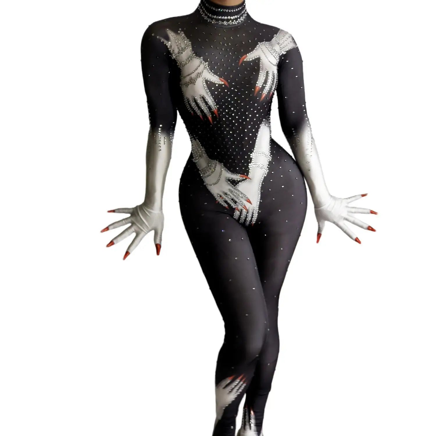 Sparkly Crystal Jumpsuit Long Gloves Tights Women Sexy Dancer Performance Costume Skinny Show Stage Wear Club Outfit