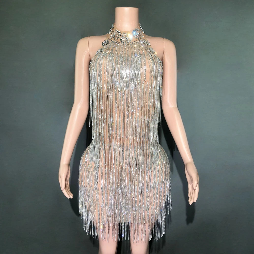 Luxurious Silver Rhinestones Chains Sexy Backless Short Dress for Women Birthday Evening Prom Celebrate Dress Singer Stage Wear