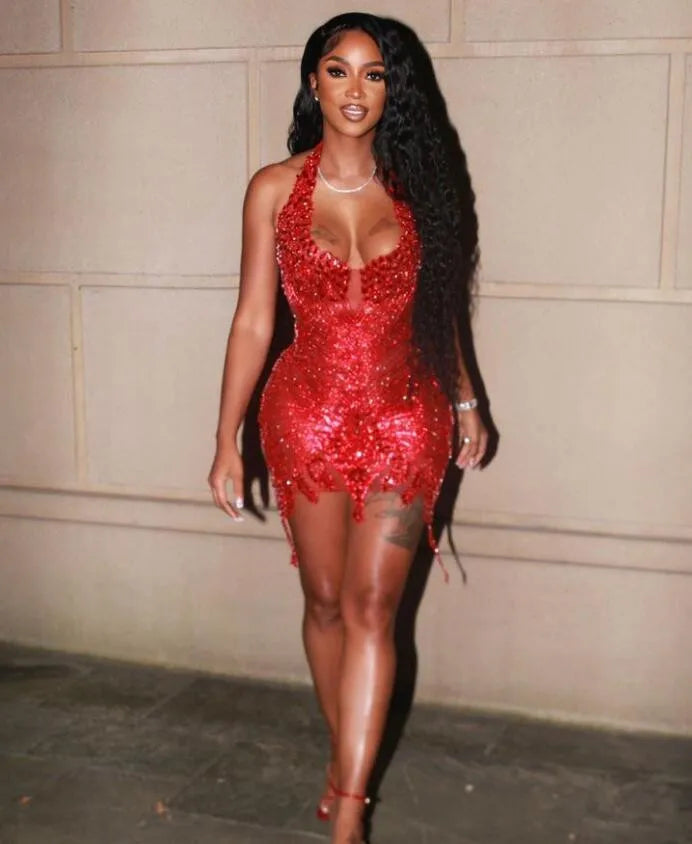 Red Crystal-Embellished Mini Dress