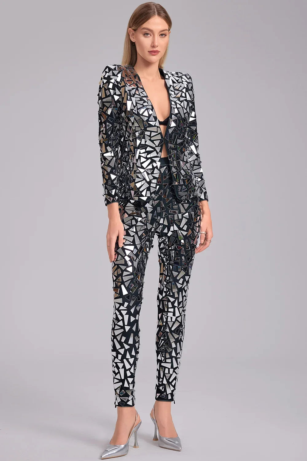 V Neck Mirror Sequin Two Pieces Top and Pant Set Fashion Women's Matching Set Spring Autumn Office Lady Long Sleeve Outfit Set