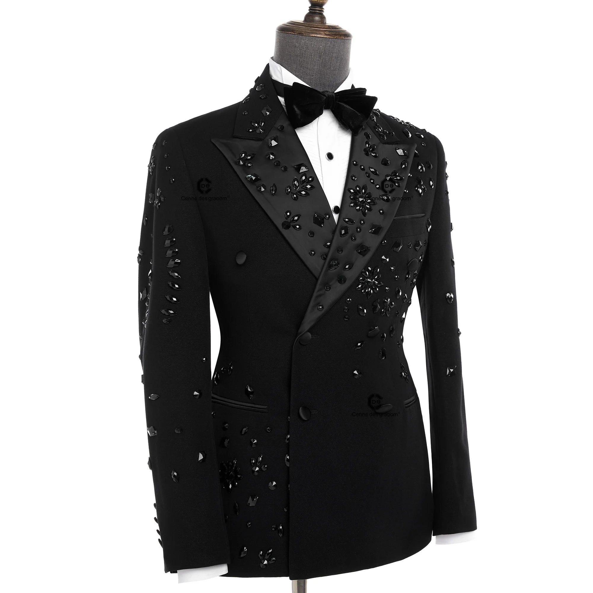Elegant Luxury Men Suits Double-Breasted Black Jewelry Ornament Shining Tuxedo for Wedding Party Groom