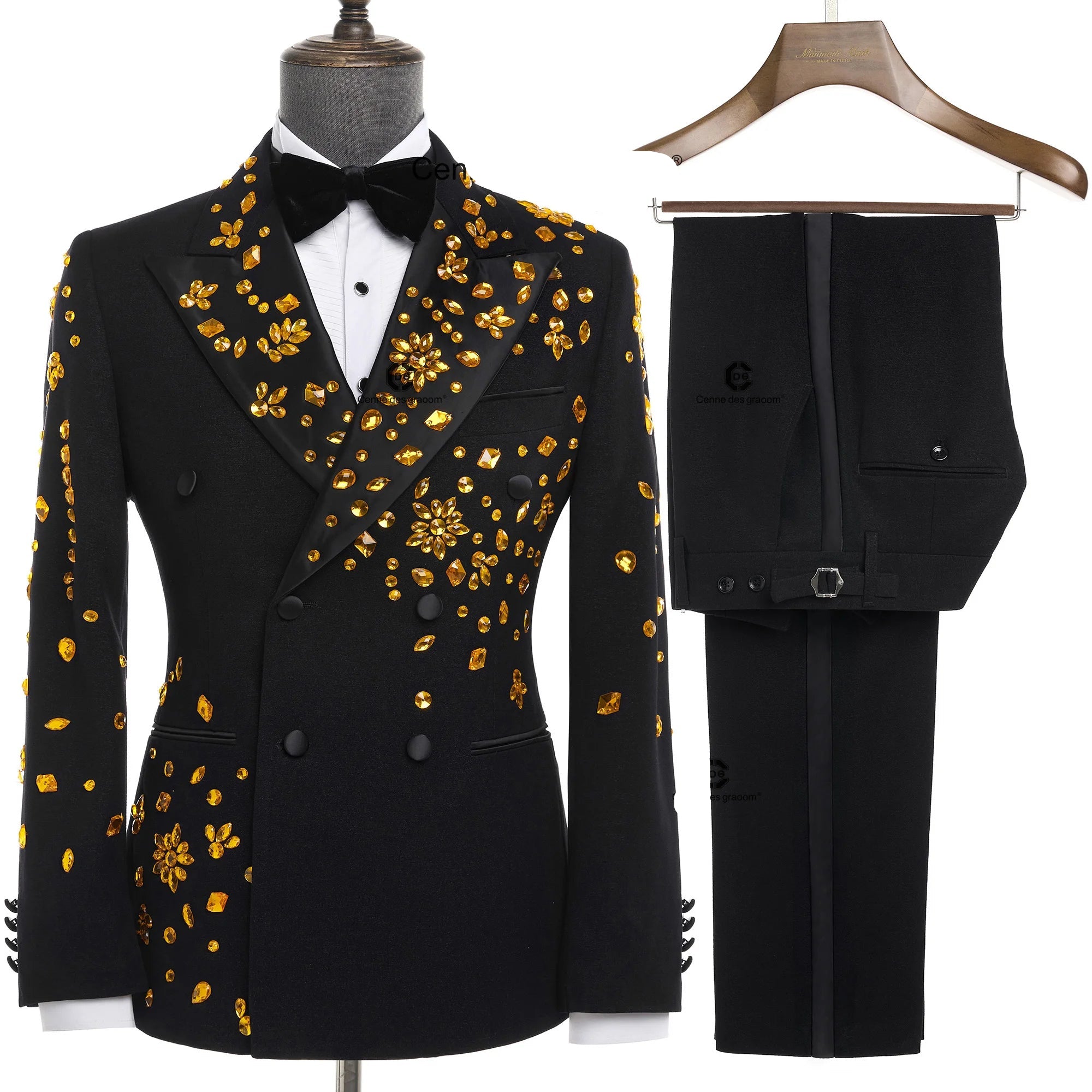 Elegant Luxury Men Suits Double-Breasted Black Jewelry Ornament Shining Tuxedo for Wedding Party Groom