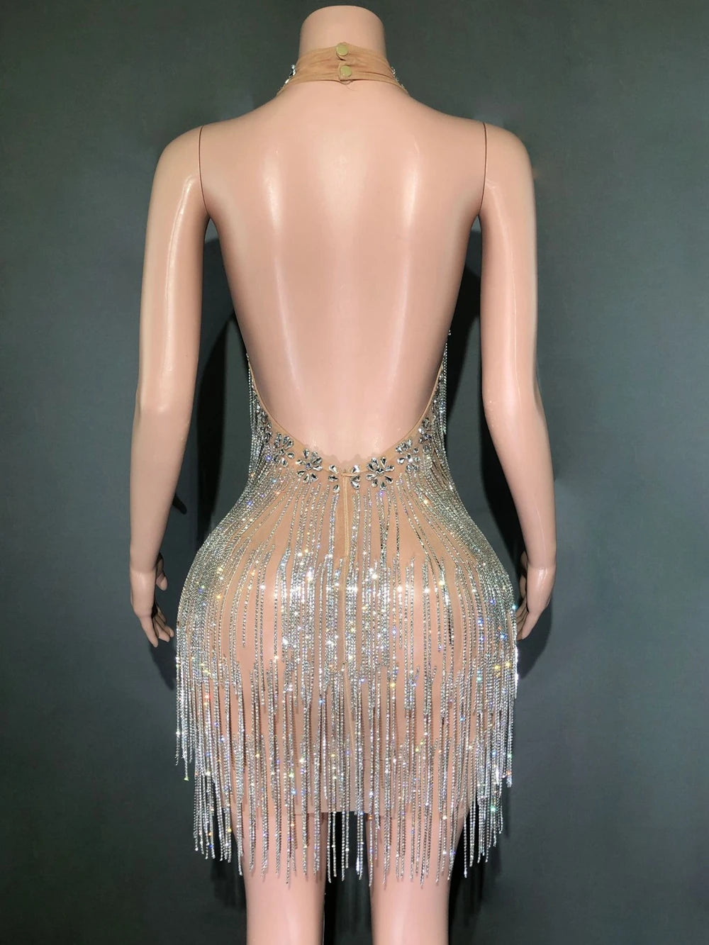 Luxurious Silver Rhinestones Chains Sexy Backless Short Dress for Women Birthday Evening Prom Celebrate Dress Singer Stage Wear